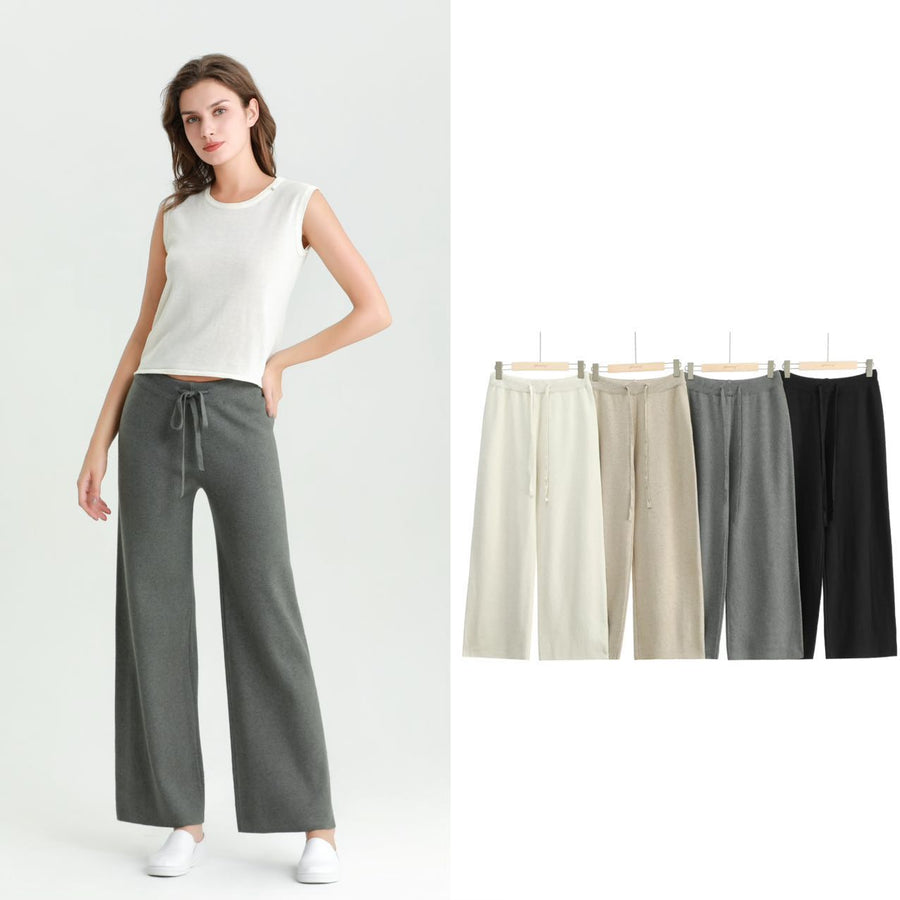 Premium Quality Knit Plain Wide Leg Trousers With Drawstrings And Elasticated Waist