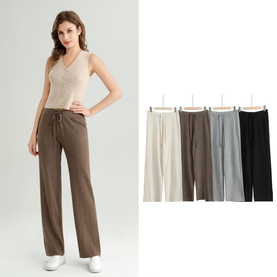 Premium Quality Striped Knit Wide Leg Trousers With Drawstrings And Elasticated Waistband