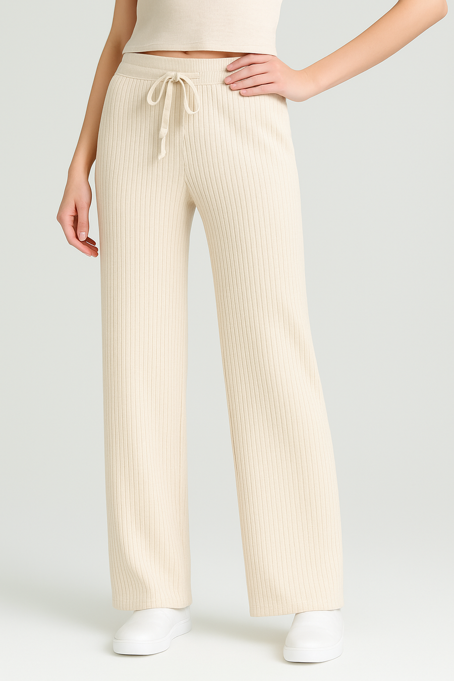 Premium Quality Striped Knit Wide Leg Trousers With Drawstrings And Elasticated Waistband