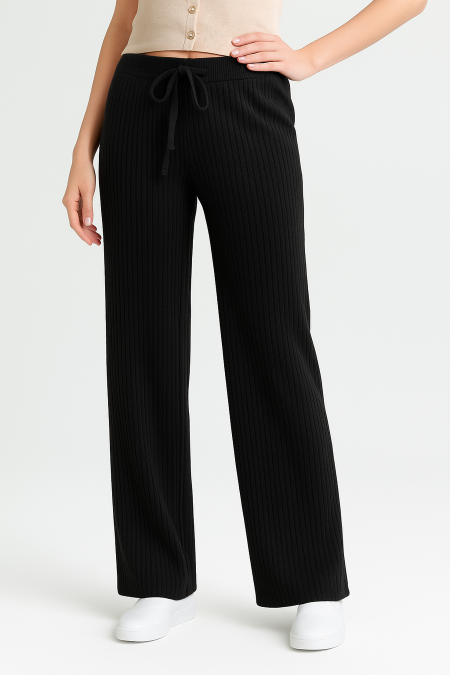 Premium Quality Striped Knit Wide Leg Trousers With Drawstrings And Elasticated Waistband