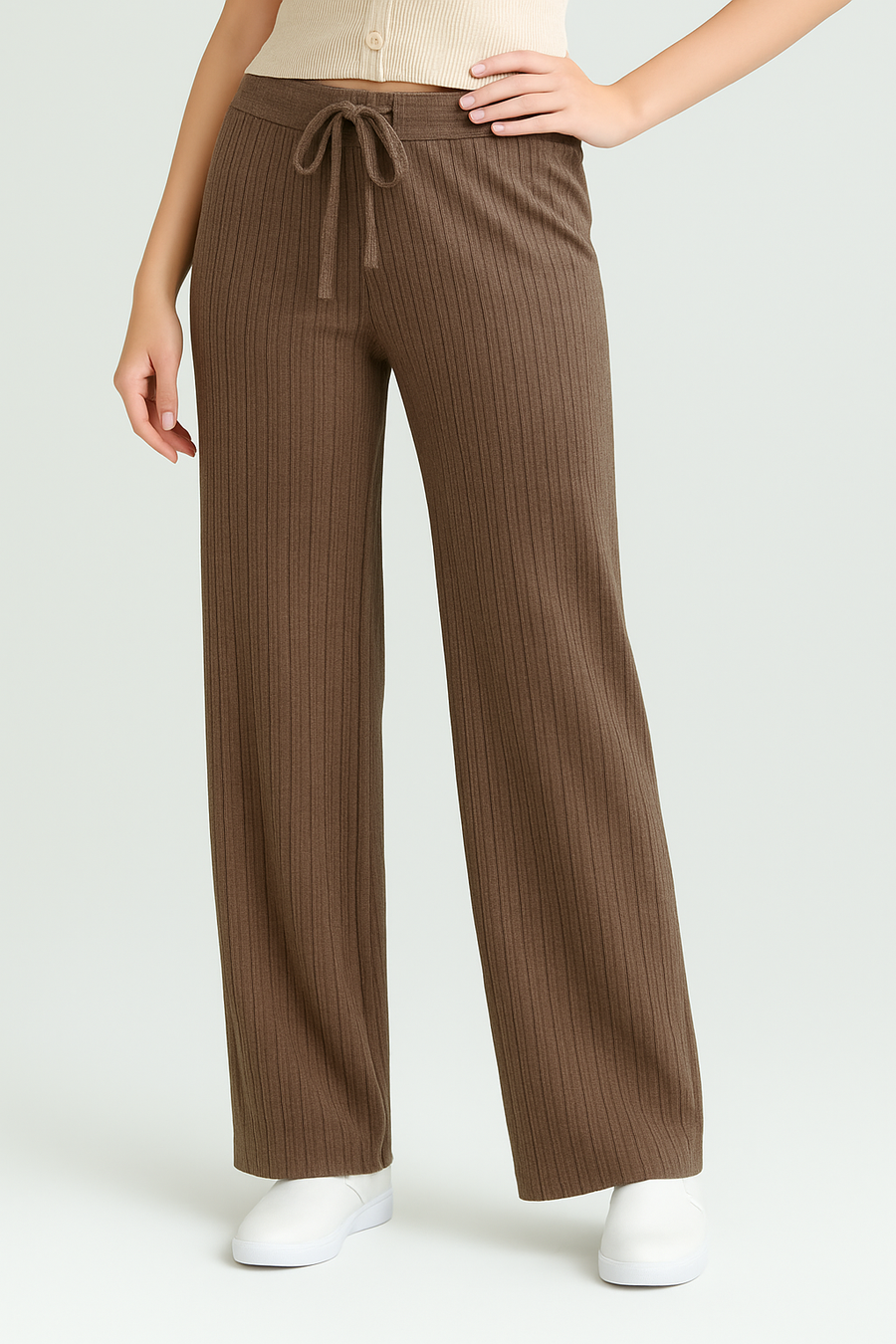 Premium Quality Striped Knit Wide Leg Trousers With Drawstrings And Elasticated Waistband