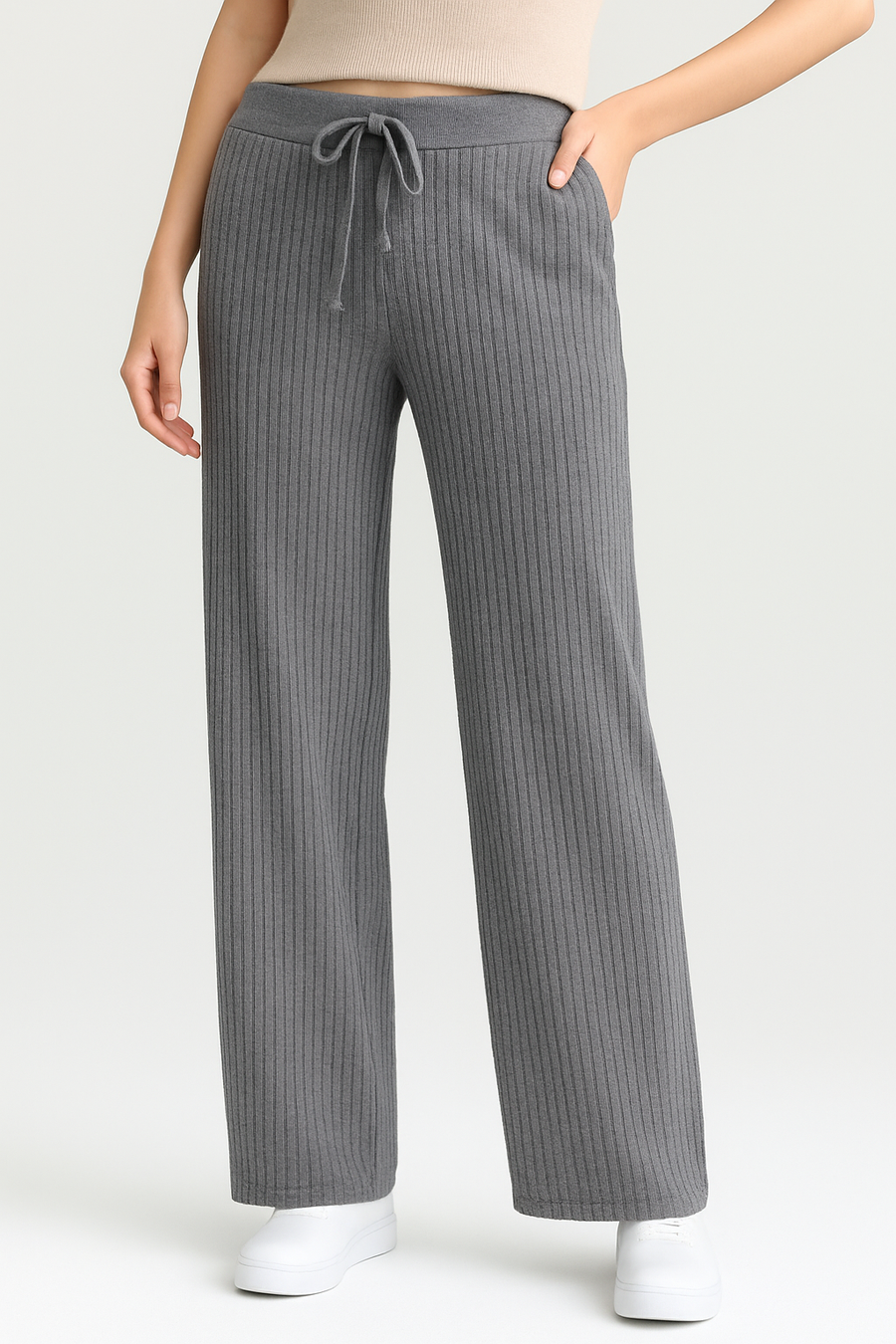Premium Quality Striped Knit Wide Leg Trousers With Drawstrings And Elasticated Waistband