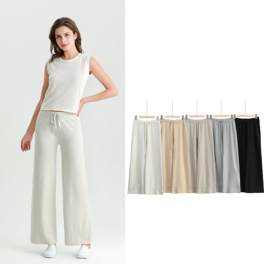 Premium Quilt Knit Wide Leg Trousers With Drawstrings And Elasticated Waistband