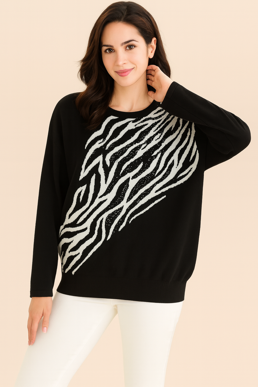SOFT KNIT JUMPER WITH ZEBRA DESIGN AND RHINESTONES