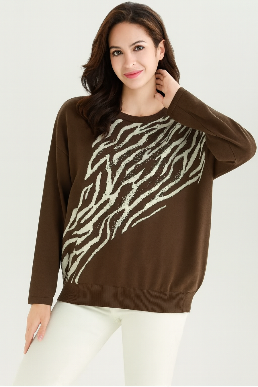 SOFT KNIT JUMPER WITH ZEBRA DESIGN AND RHINESTONES