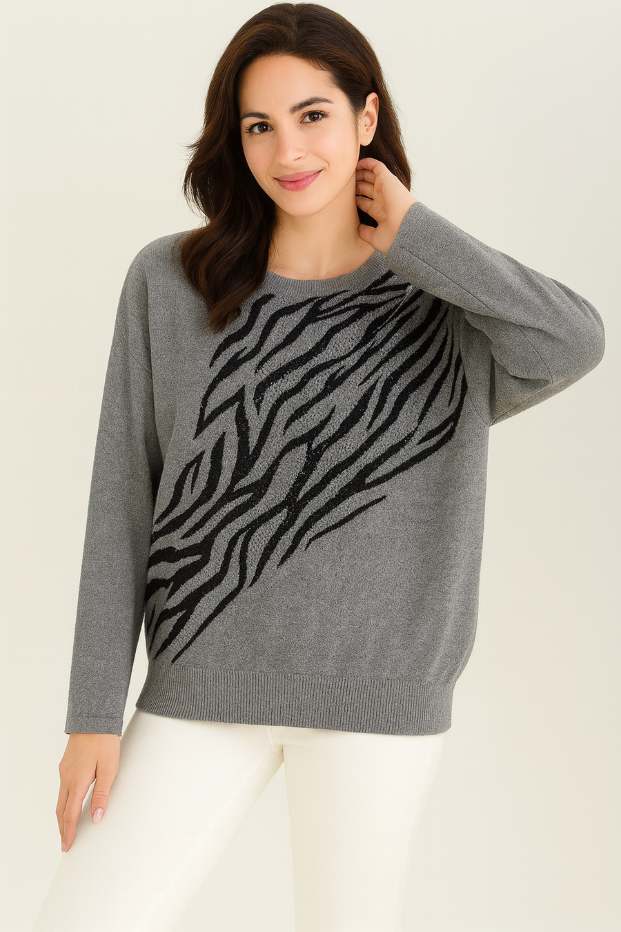 SOFT KNIT JUMPER WITH ZEBRA DESIGN AND RHINESTONES