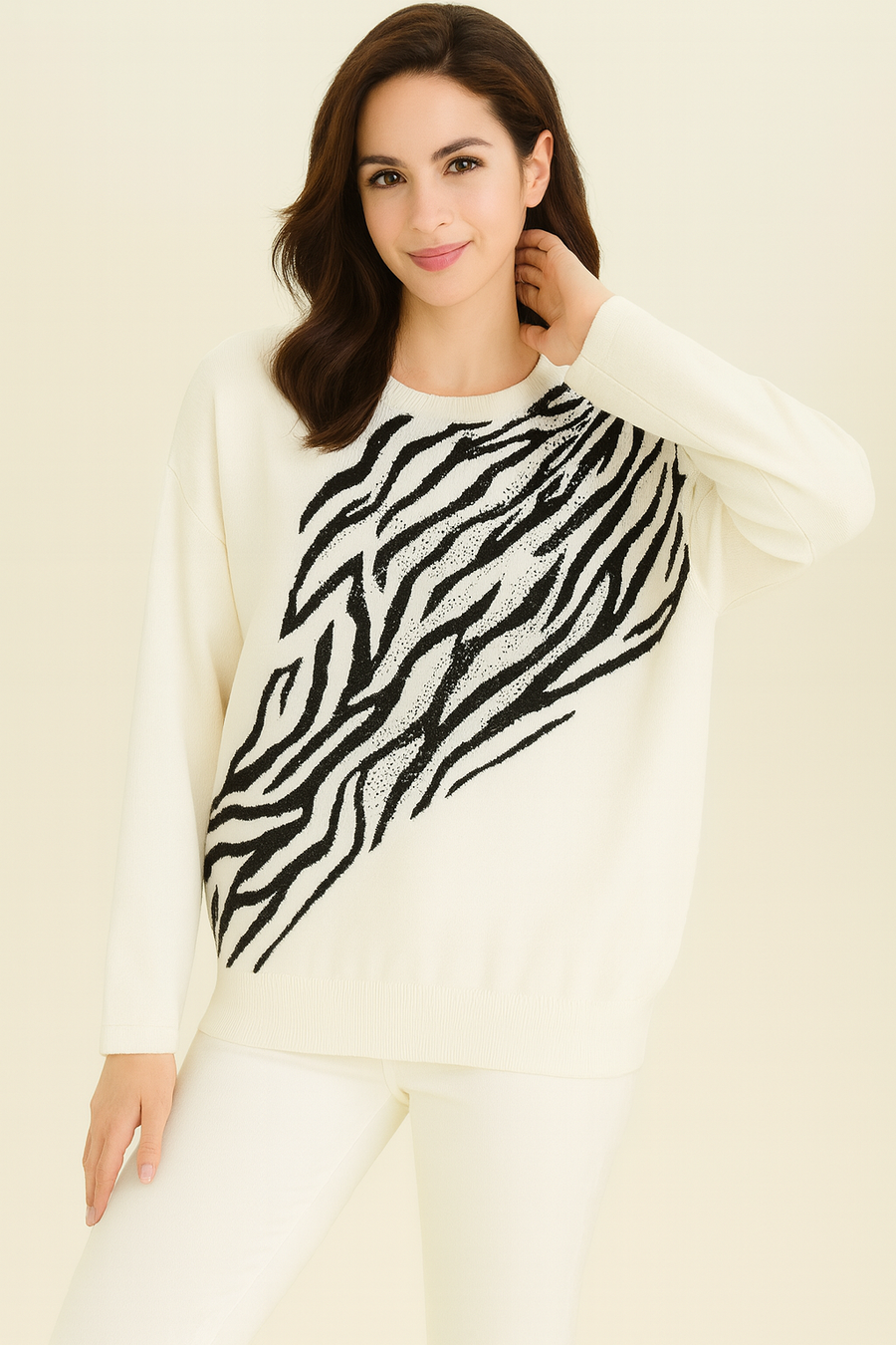 SOFT KNIT JUMPER WITH ZEBRA DESIGN AND RHINESTONES