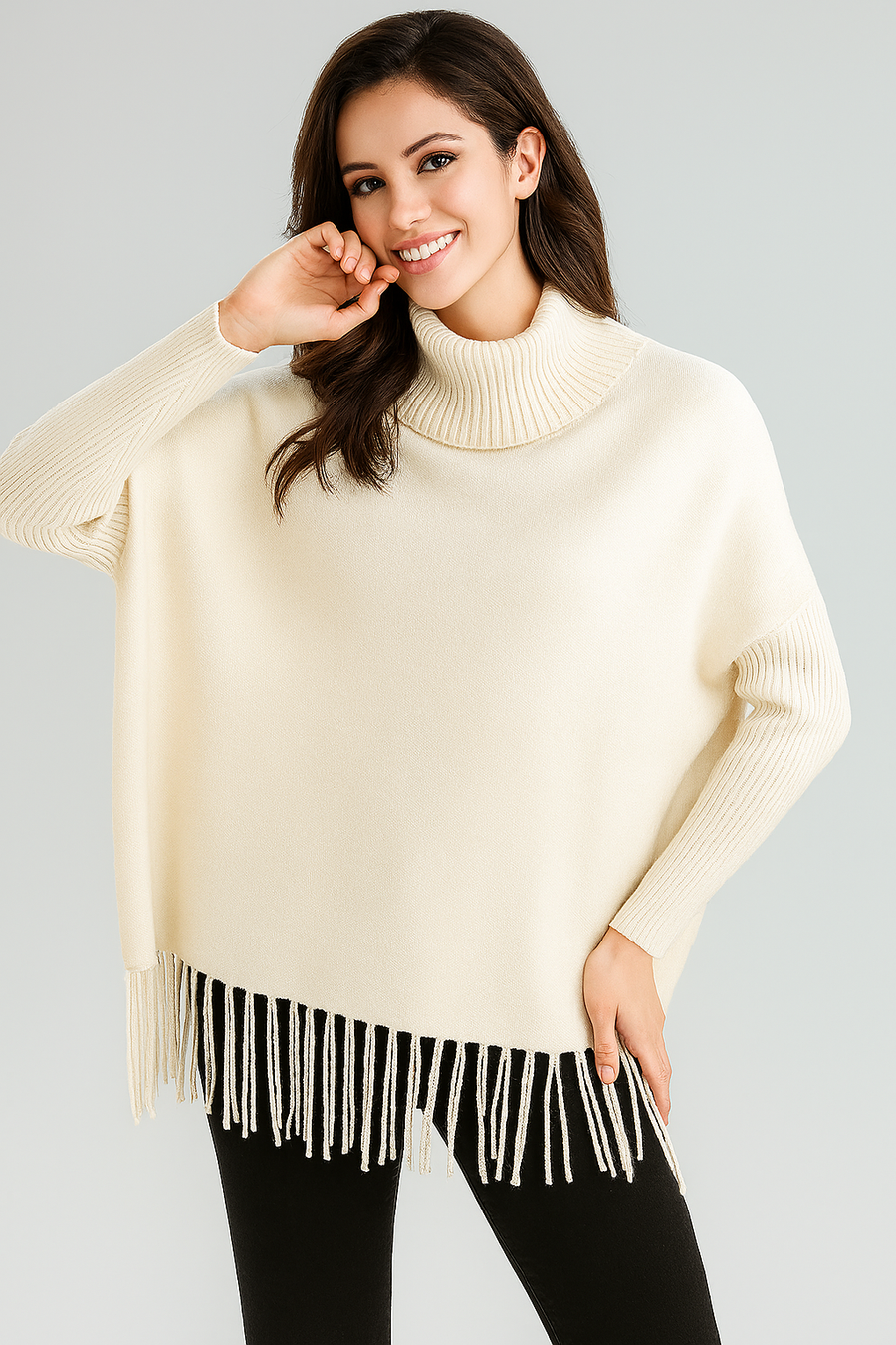 LUXURY KNIT ROLL NECK JUMPER WITH TASSEL HEM AND FITTED SLEEVES