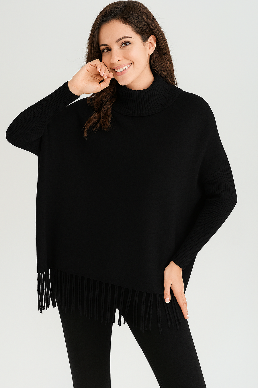 LUXURY KNIT ROLL NECK JUMPER WITH TASSEL HEM AND FITTED SLEEVES