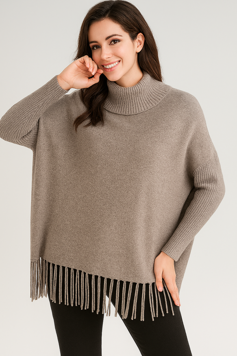 LUXURY KNIT ROLL NECK JUMPER WITH TASSEL HEM AND FITTED SLEEVES