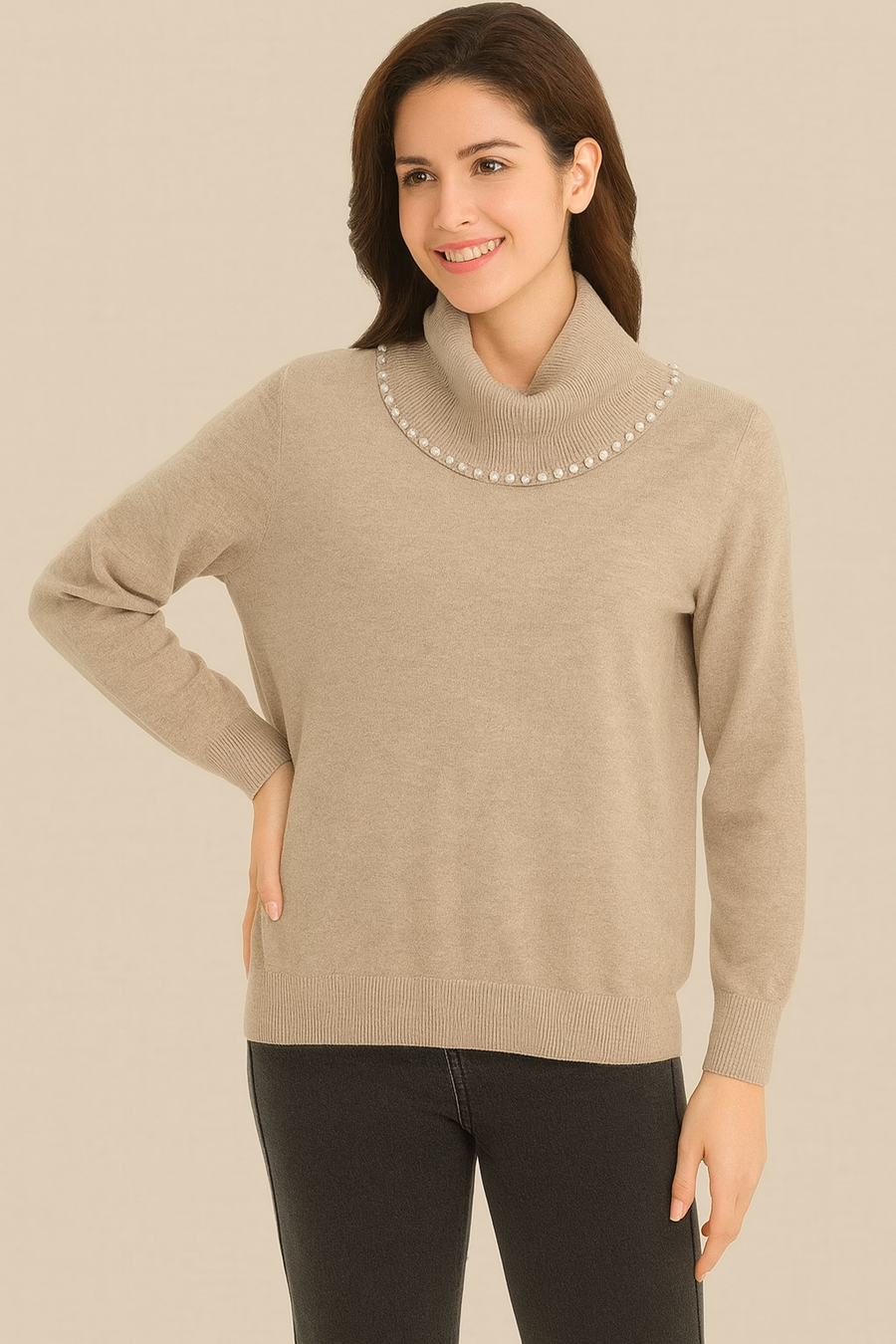 SOFT KNIT PEARLED ROLL NECK JUMPER