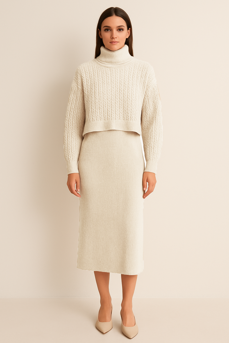 ROLL NECK CABLE KNIT JUMPER OVER VERTICAL RIBBED DRESS IN MATCHING COLOUR