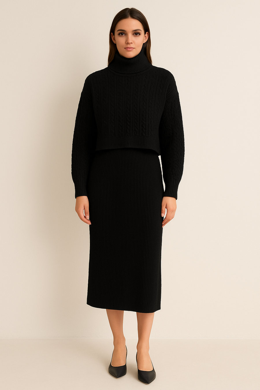 ROLL NECK CABLE KNIT JUMPER OVER VERTICAL RIBBED DRESS IN MATCHING COLOUR
