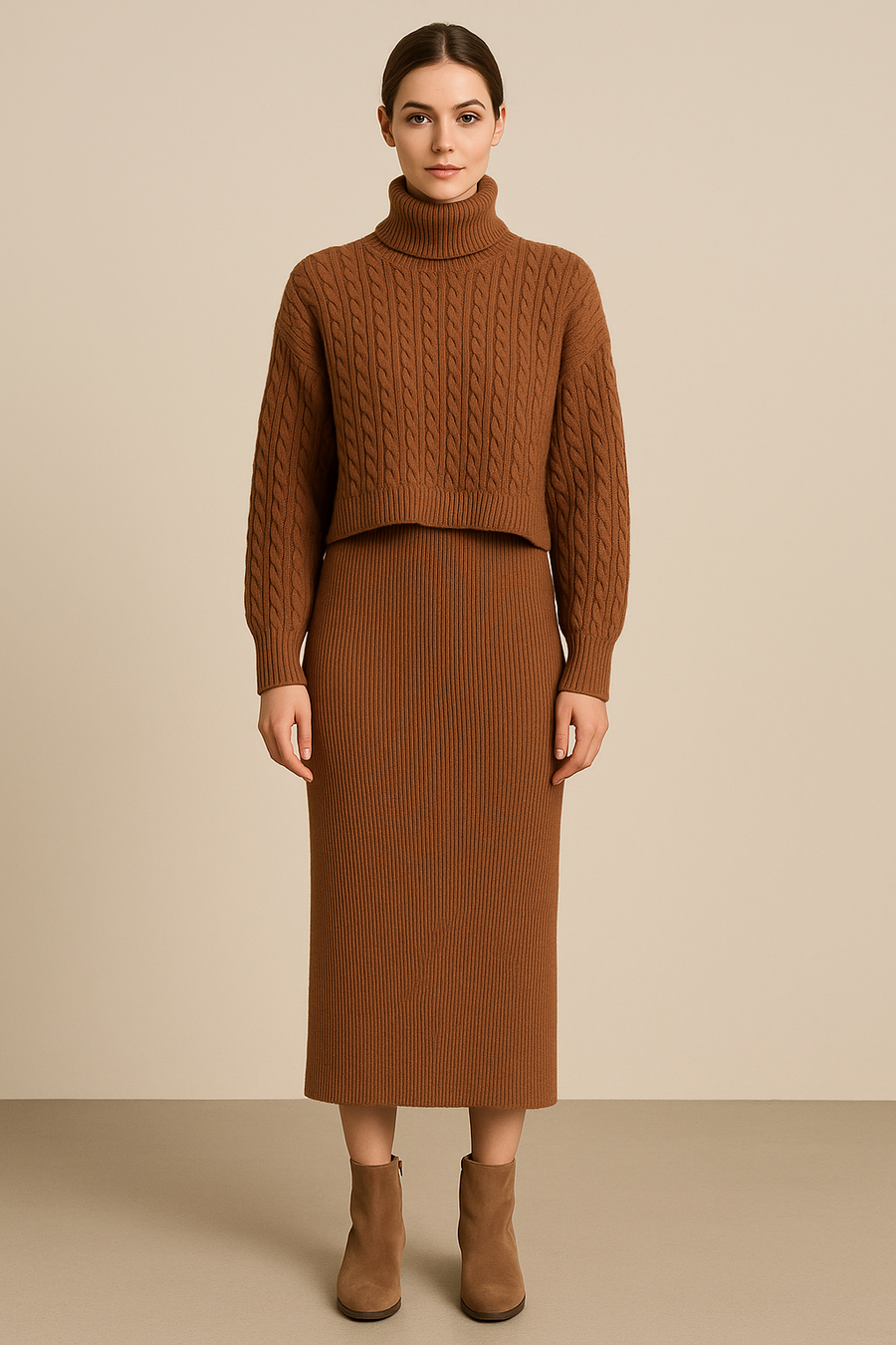 ROLL NECK CABLE KNIT JUMPER OVER VERTICAL RIBBED DRESS IN MATCHING COLOUR