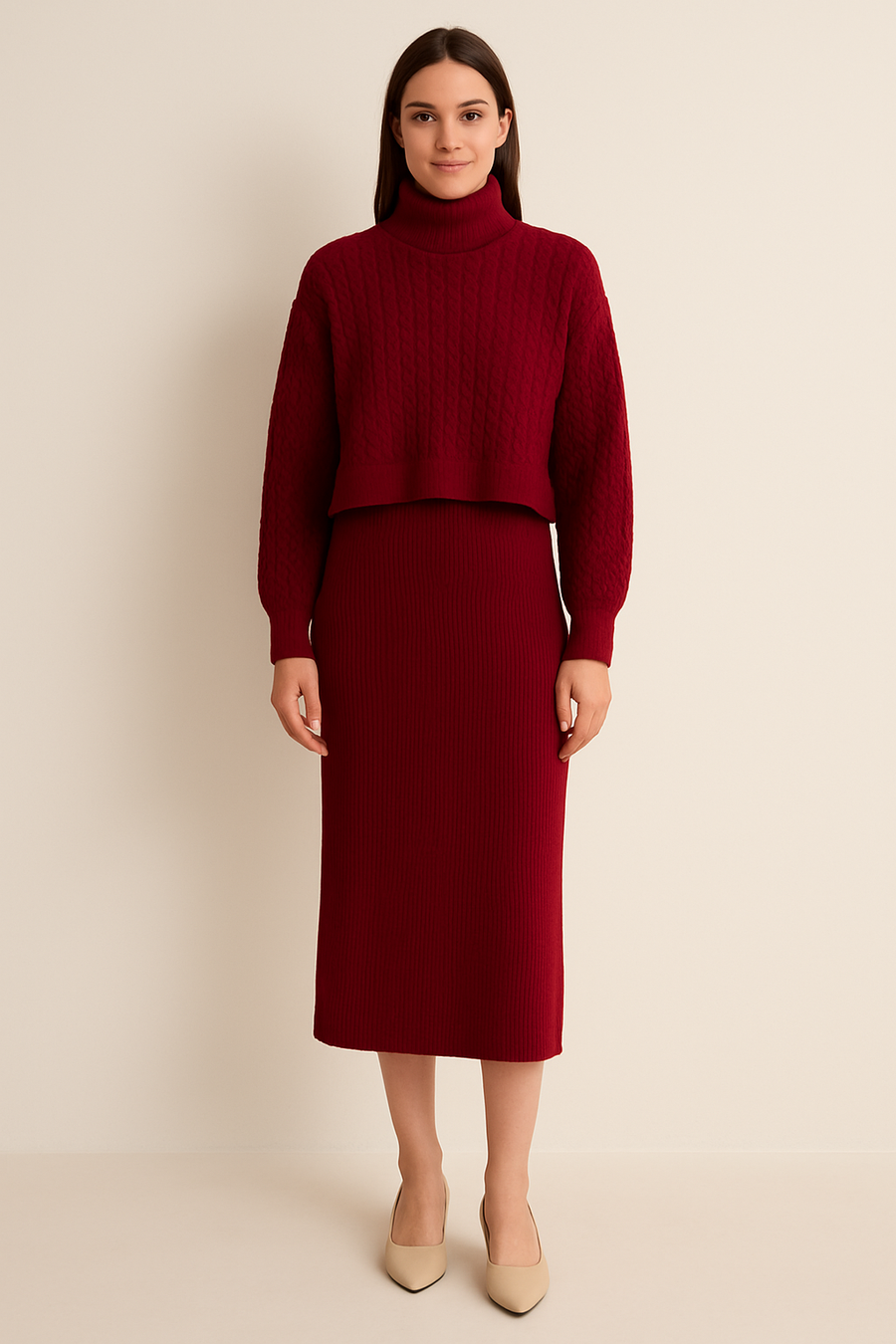 ROLL NECK CABLE KNIT JUMPER OVER VERTICAL RIBBED DRESS IN MATCHING COLOUR