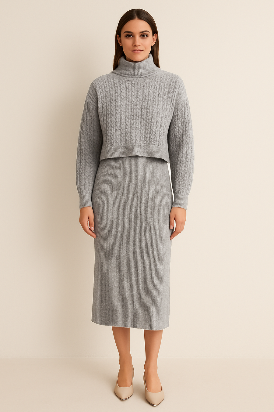 ROLL NECK CABLE KNIT JUMPER OVER VERTICAL RIBBED DRESS IN MATCHING COLOUR