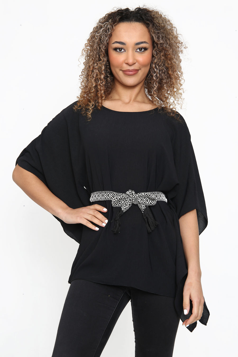 Lightweight batwing top with round neck