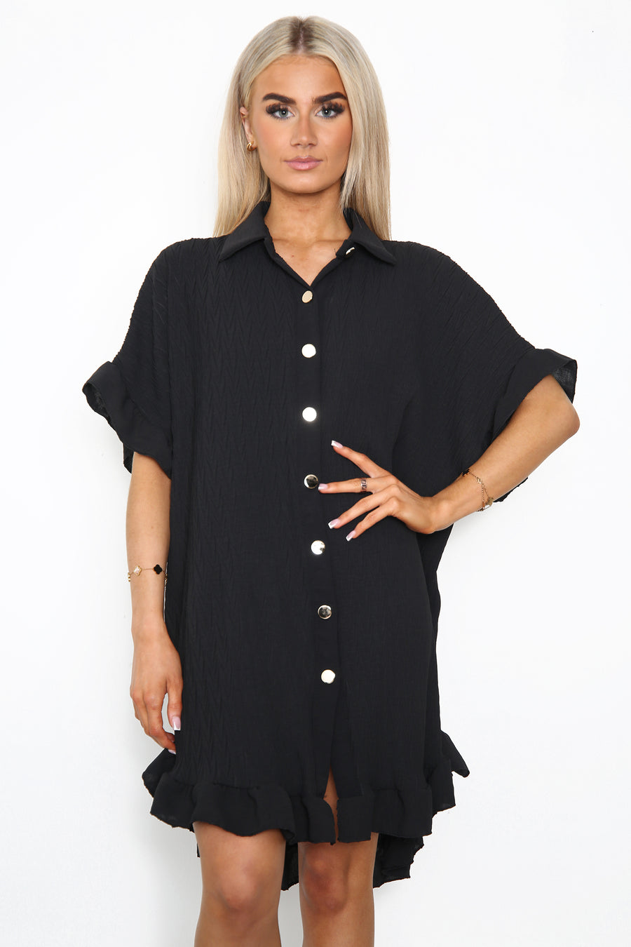 Ruffled trim short crinkle shirt dress in leaf pleats