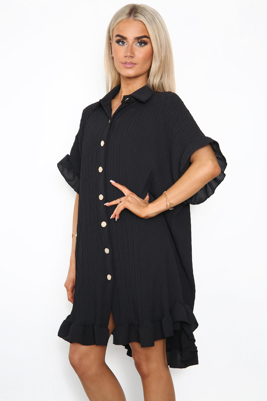 Ruffled trim short crinkle shirt dress in leaf pleats