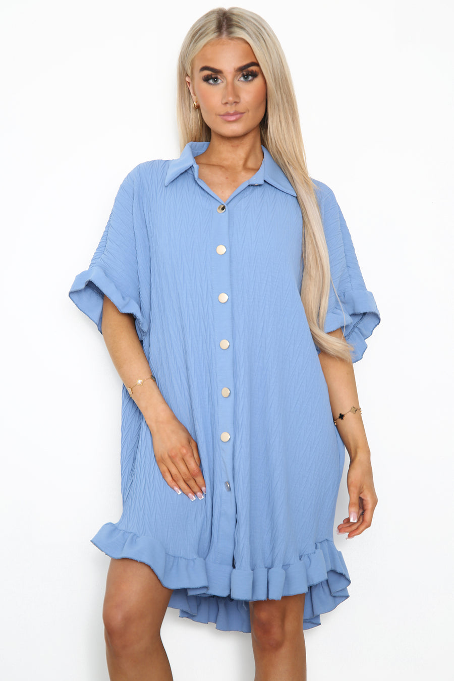 Ruffled trim short crinkle shirt dress in leaf pleats