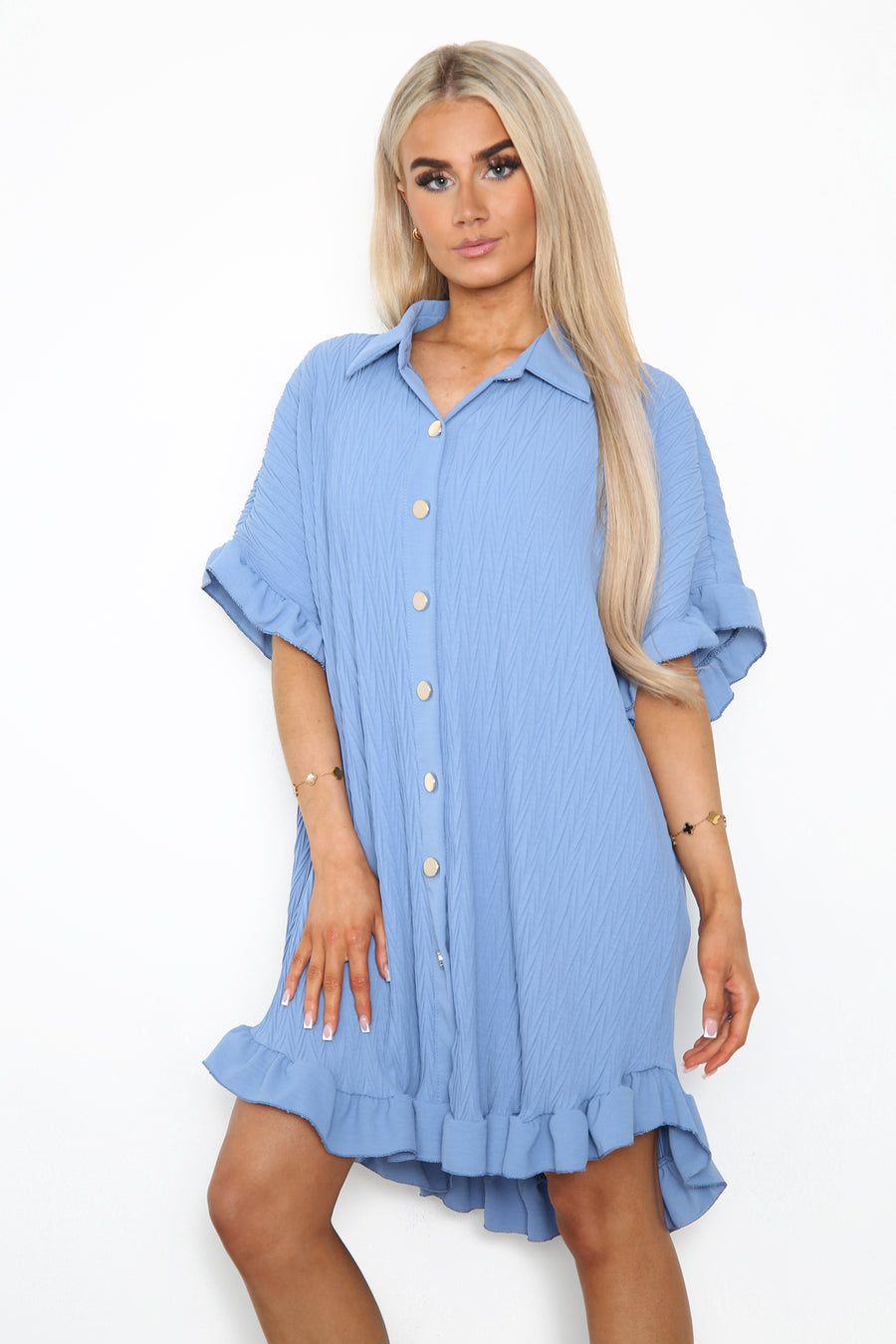 Ruffled trim short crinkle shirt dress in leaf pleats