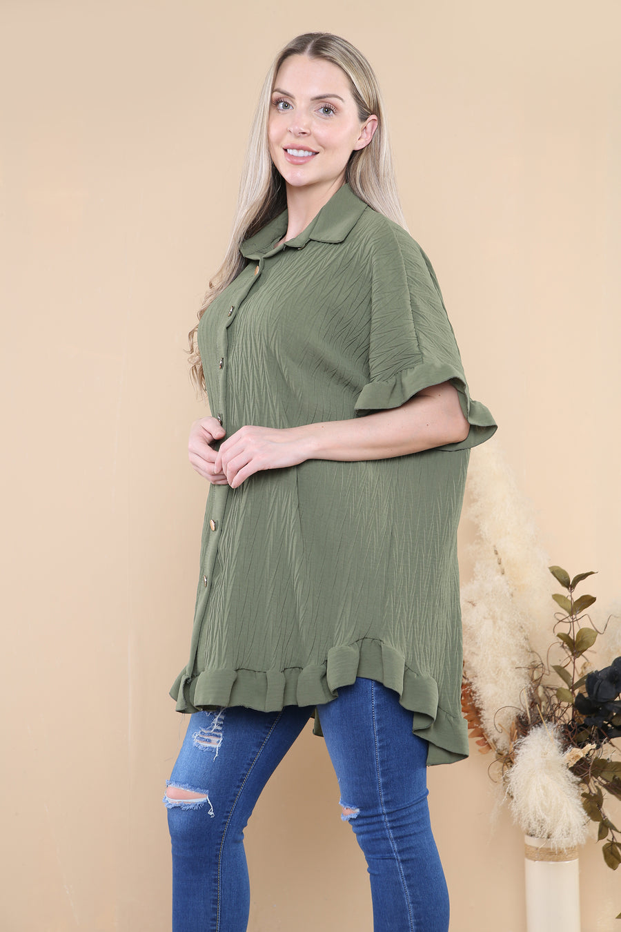 Ruffled trim short crinkle shirt dress in leaf pleats