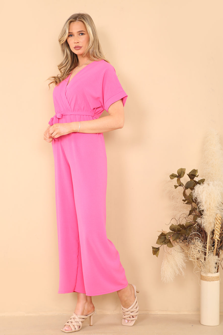 Straight leg waist tie jumpsuit