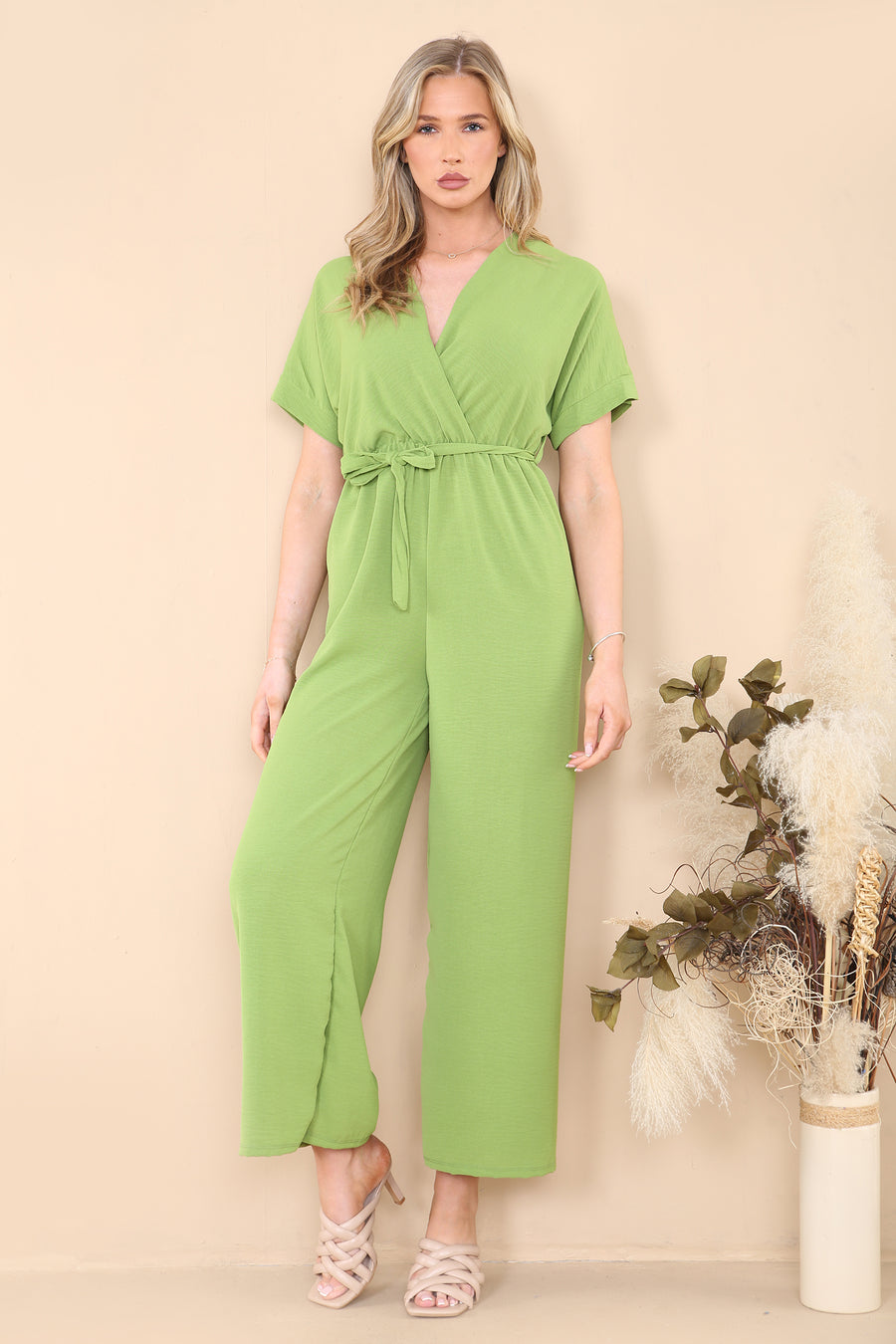 Straight leg waist tie jumpsuit