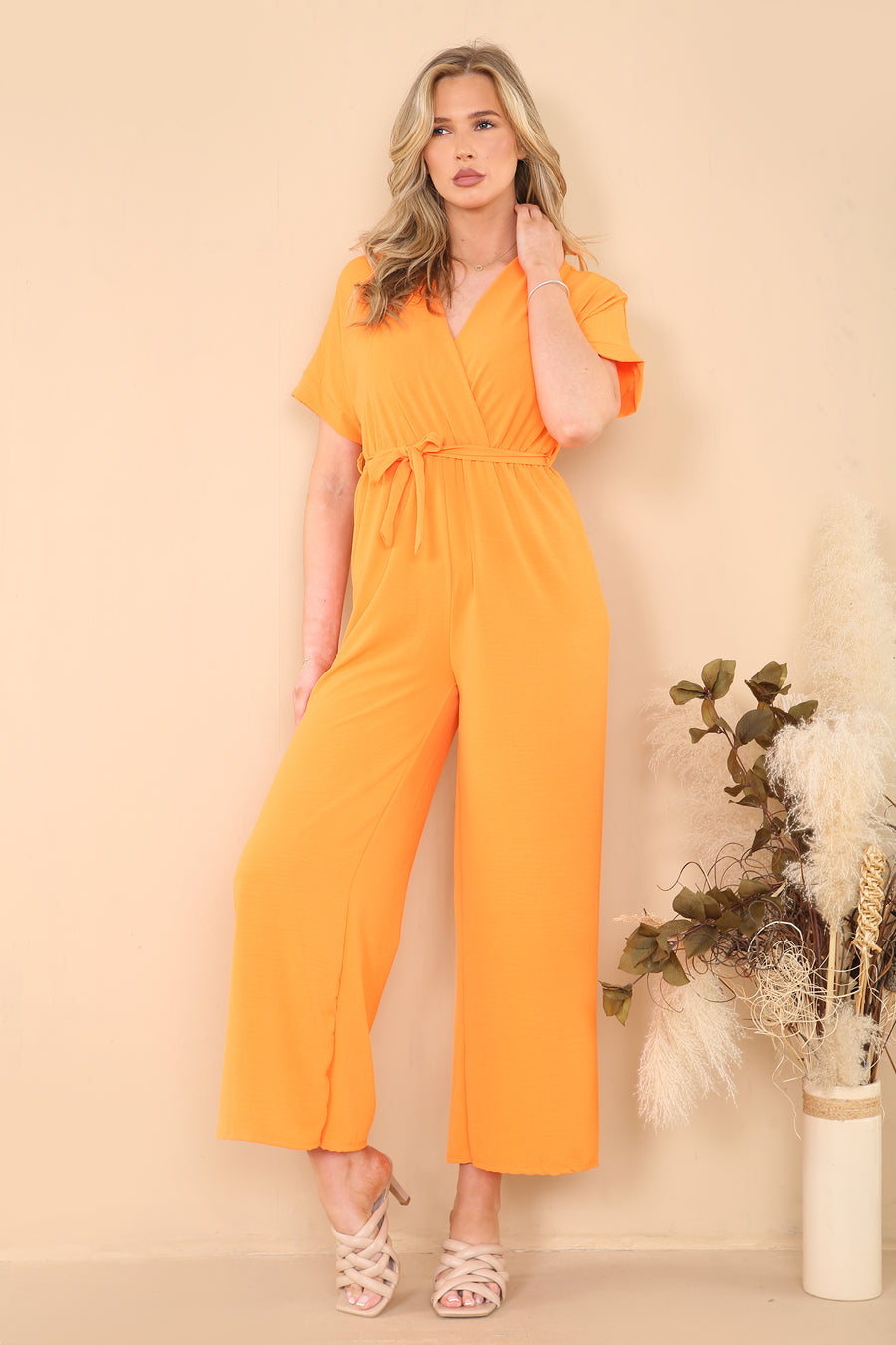 Straight leg waist tie jumpsuit