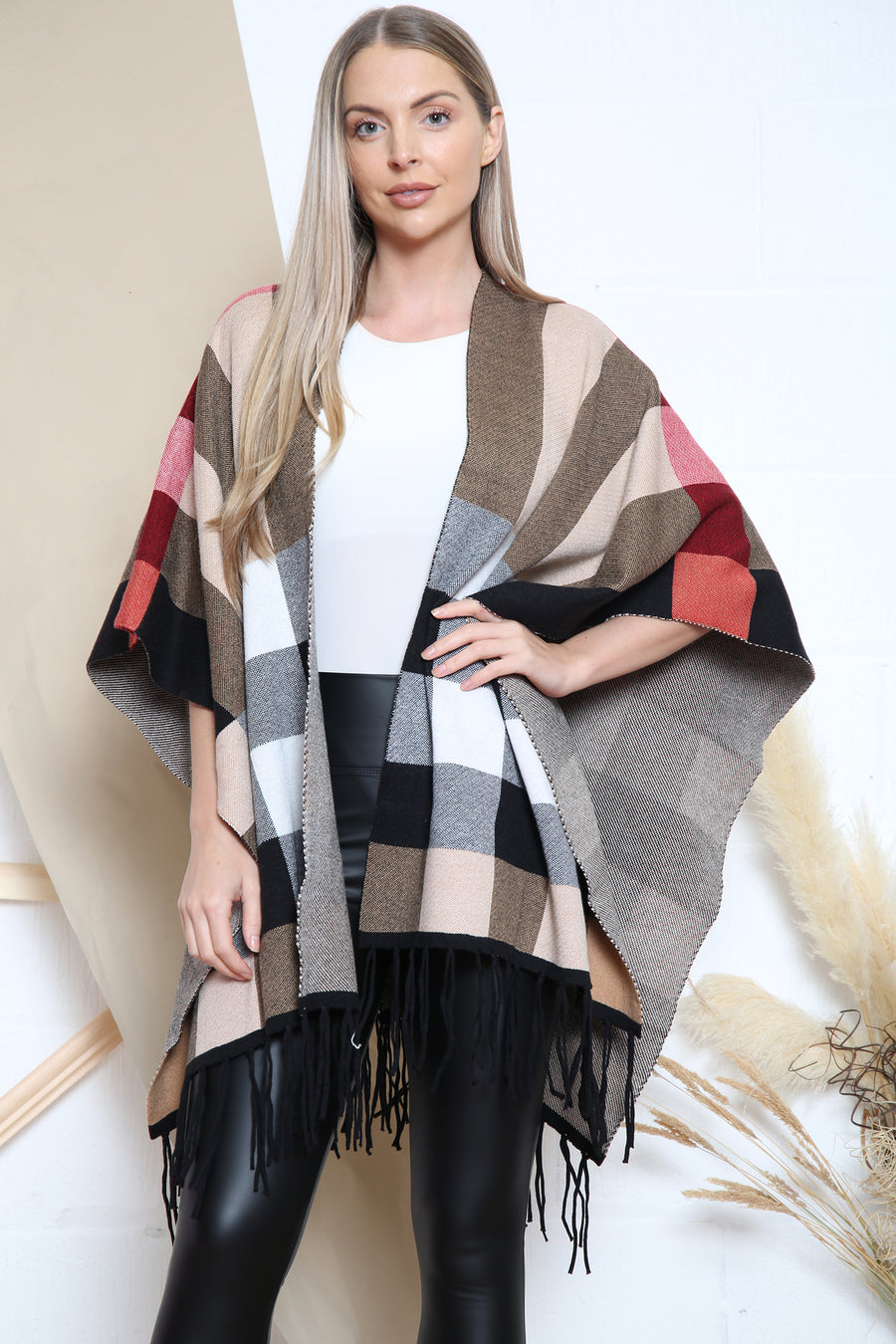 Camel checkered pattern poncho