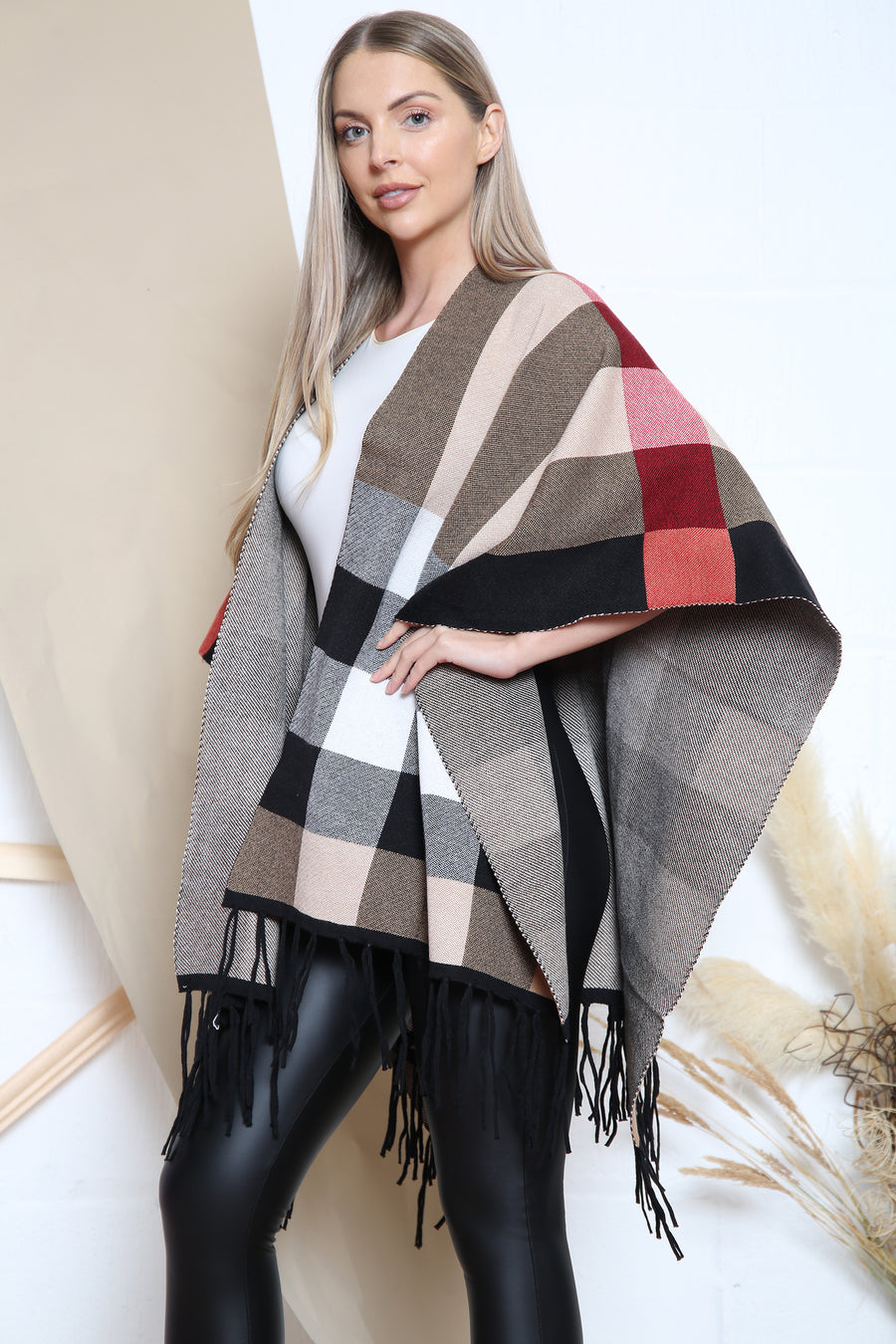 Camel checkered pattern poncho