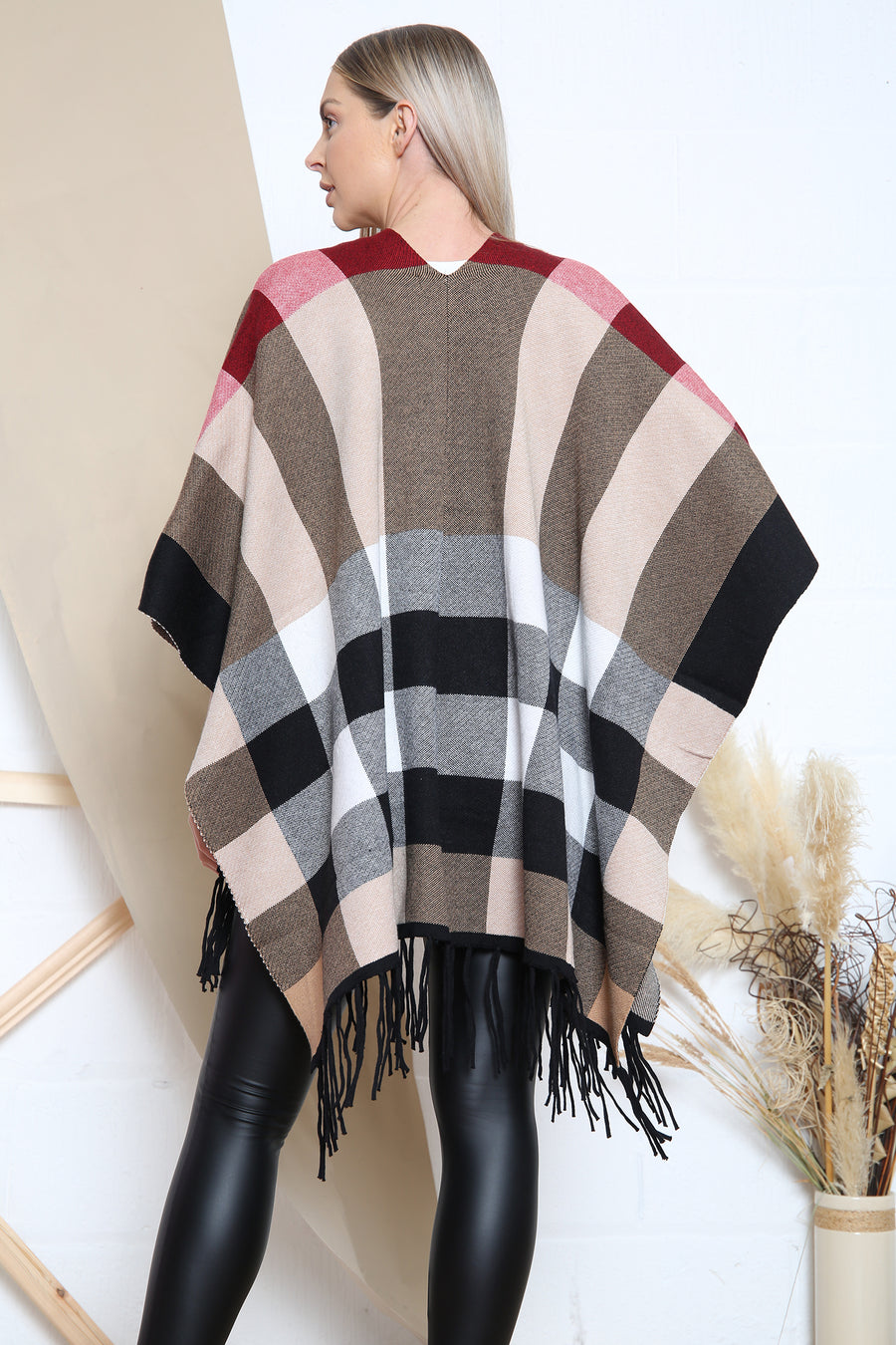 Camel checkered pattern poncho