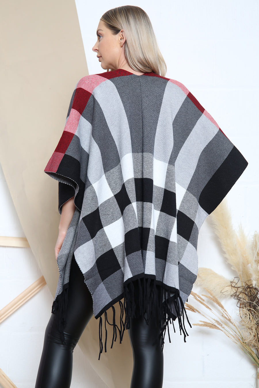 Grey checkered pattern poncho