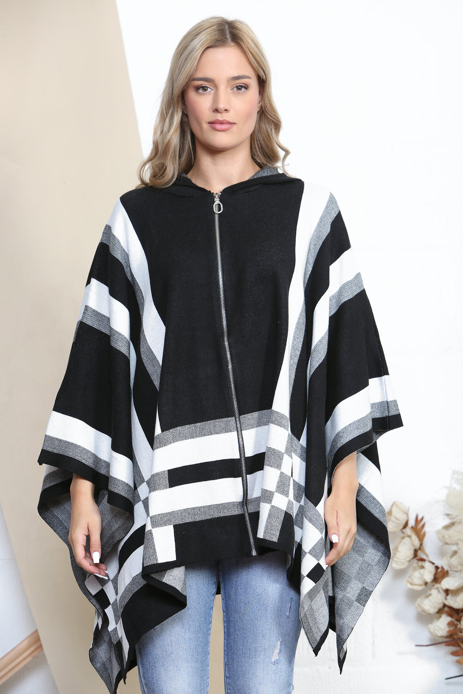 White Zip up hooded poncho