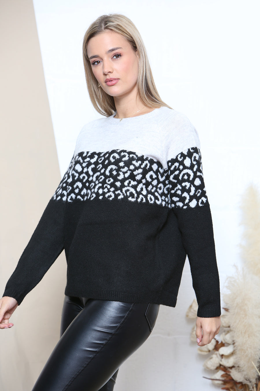 Grey Raglan Sleeves Cheetah Block Colour Panel Jumper