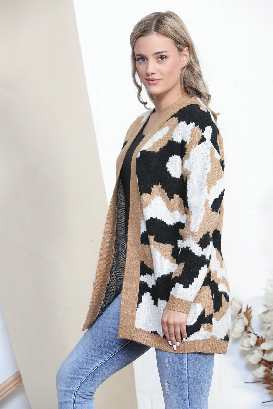 Camel long sleeve cardigan with camo print