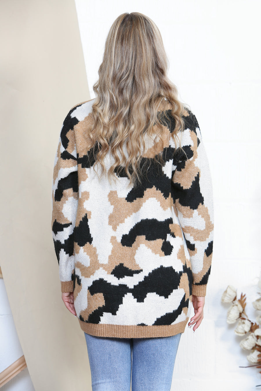 Camel long sleeve cardigan with camo print