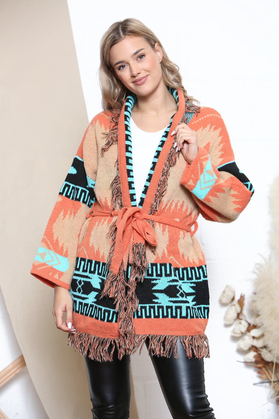 Orange Cardigan with belt and tassels