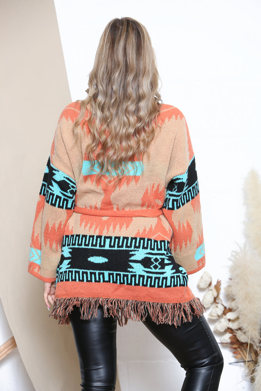 Orange Cardigan with belt and tassels