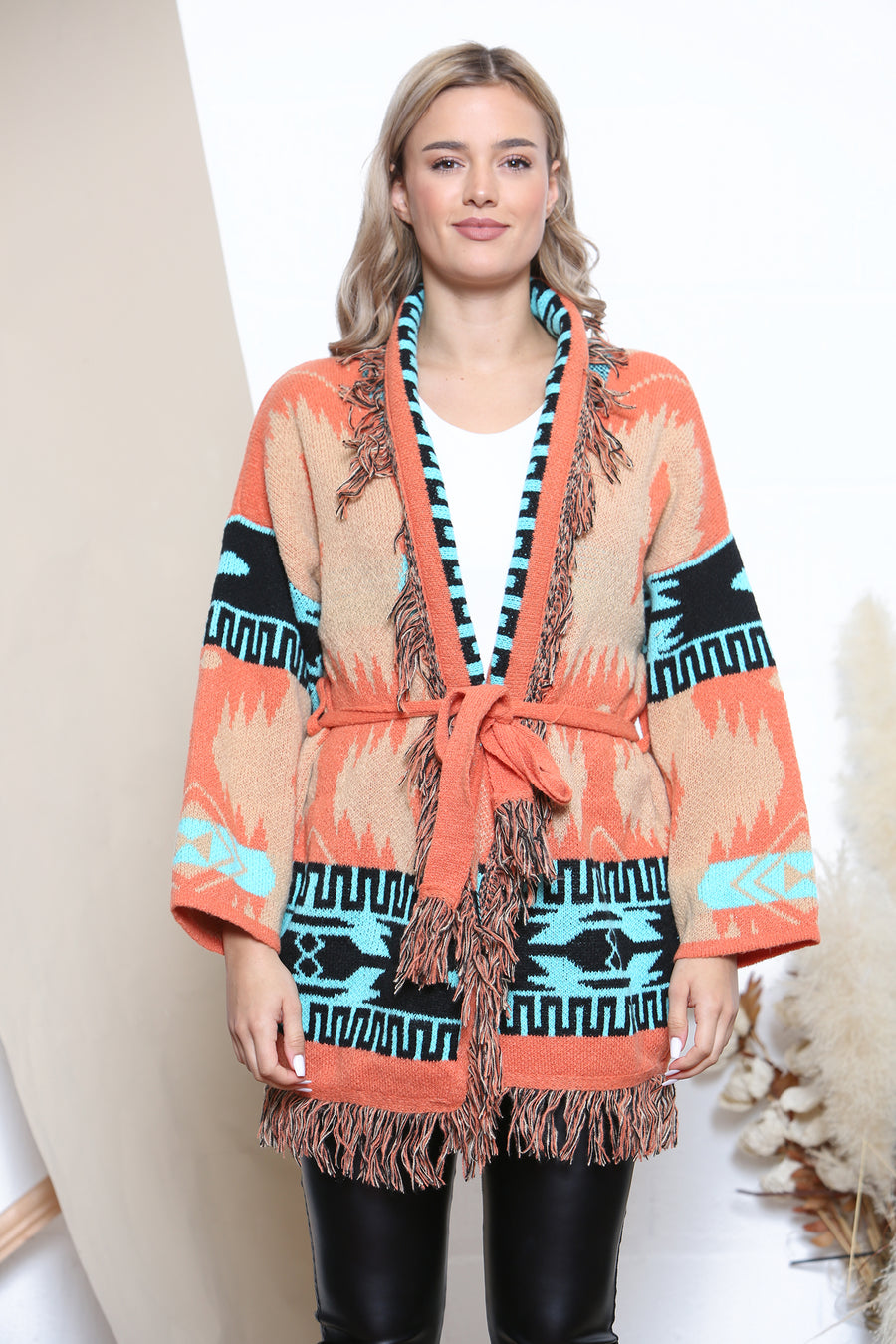 Orange Cardigan with belt and tassels