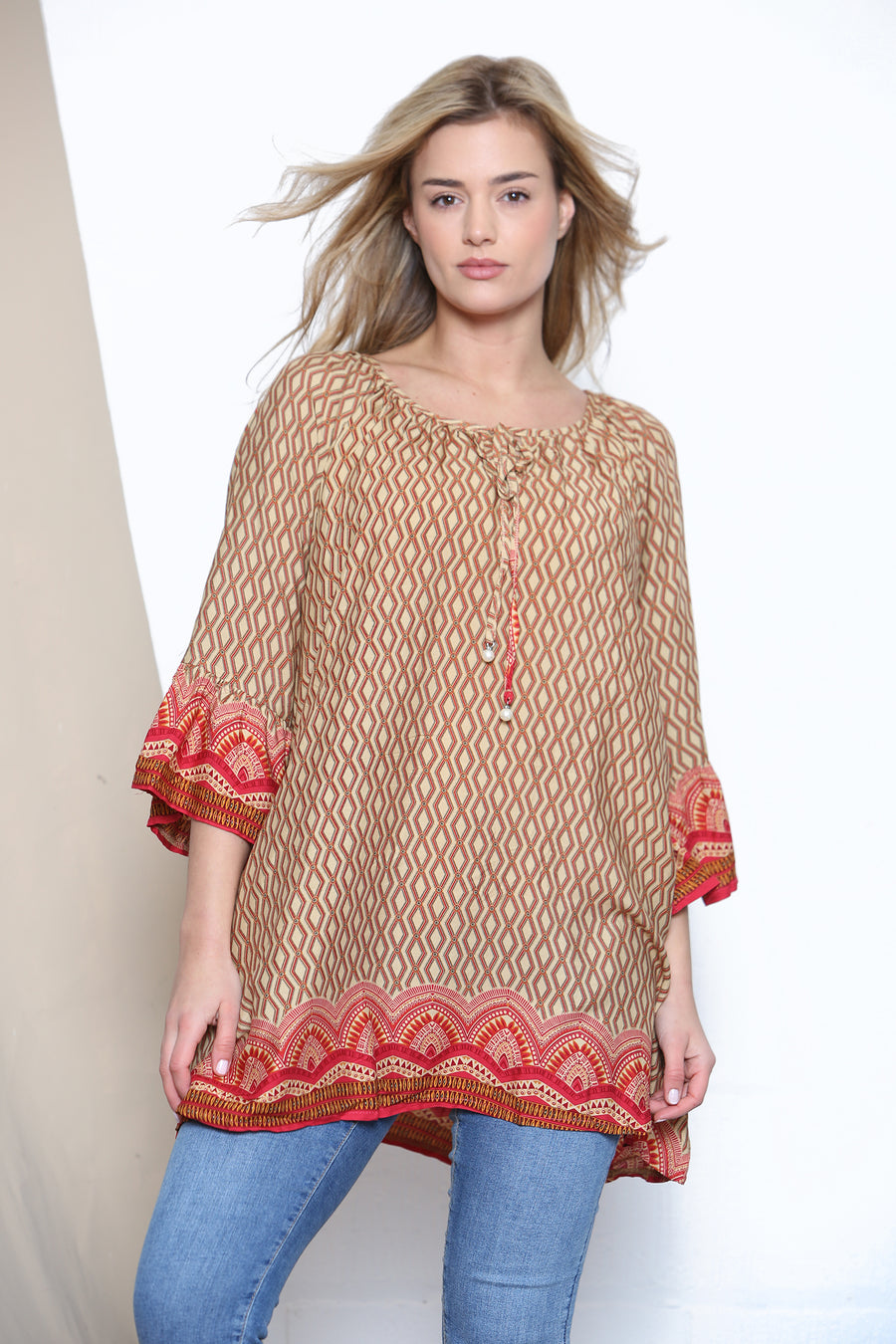 Camel Geometric pattern loose fit top