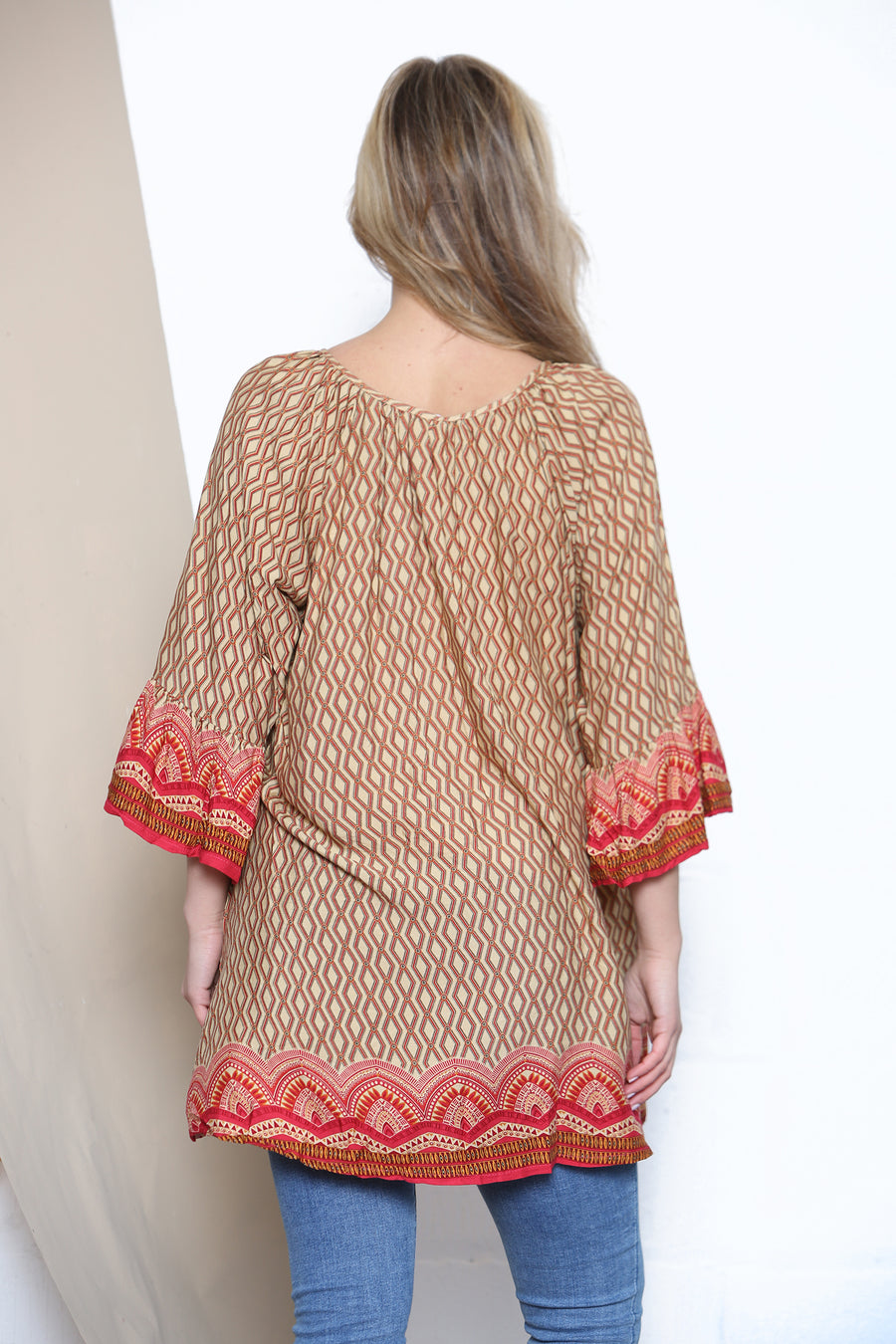 Camel Geometric pattern loose fit top