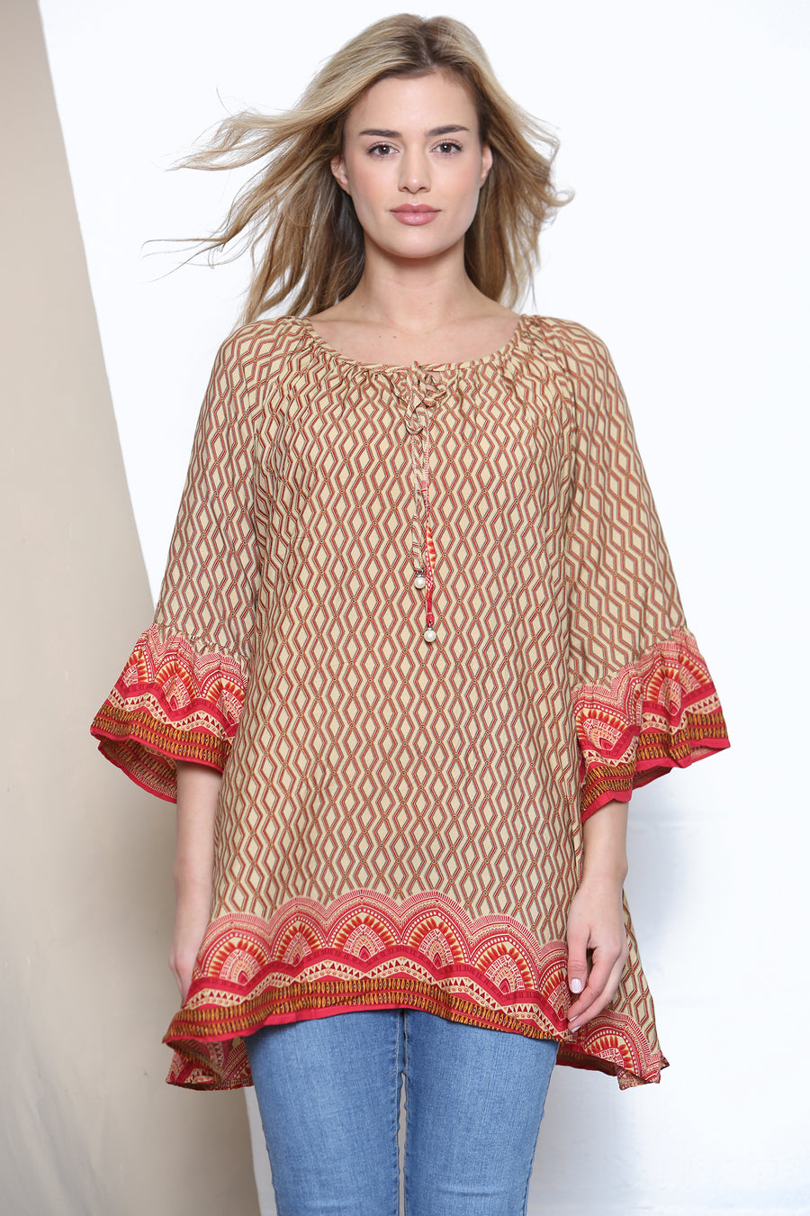 Camel Geometric pattern loose fit top