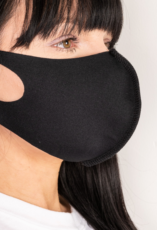 Neoprene face mask with ear straps.